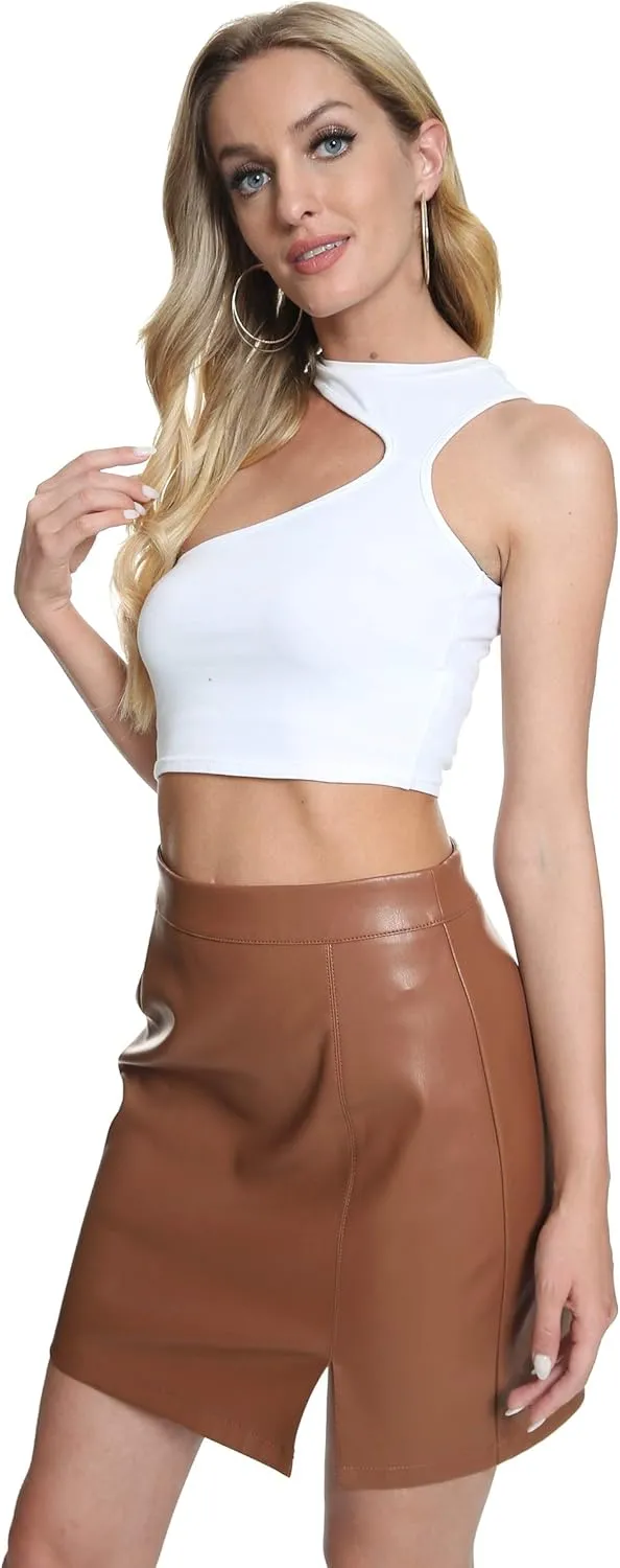 Fahsyee Leather Skirt, Women Faux Mini Elastic High Waist Plus Size Pencil Aline Bodycon Vegan Stretch Elegant Skirts S-XXL