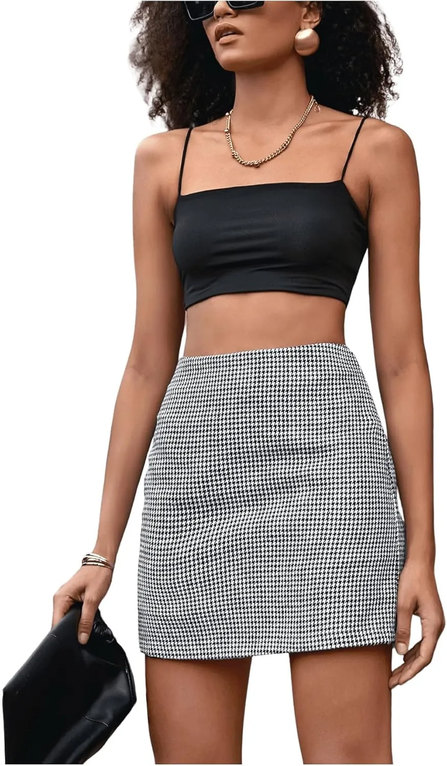 Floerns Women's Casual Houndstooth Print Straight A-Line Zipper Bodycon Mini Skirt