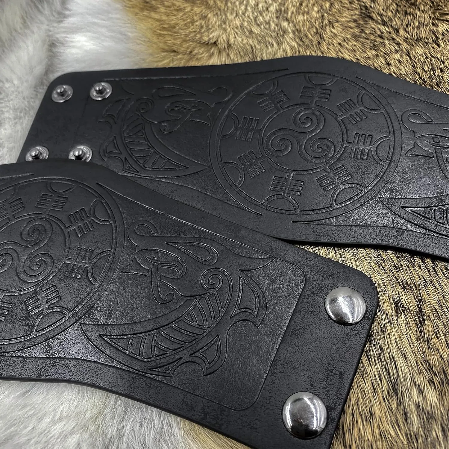 HiiFeuer 2 PCS Viking Embossed Faux Leather Cuff Bracelet, Norse Retro Wristband, Nordic Mjolnir Vegvisir Pattern Cuff Bangle Bracelet