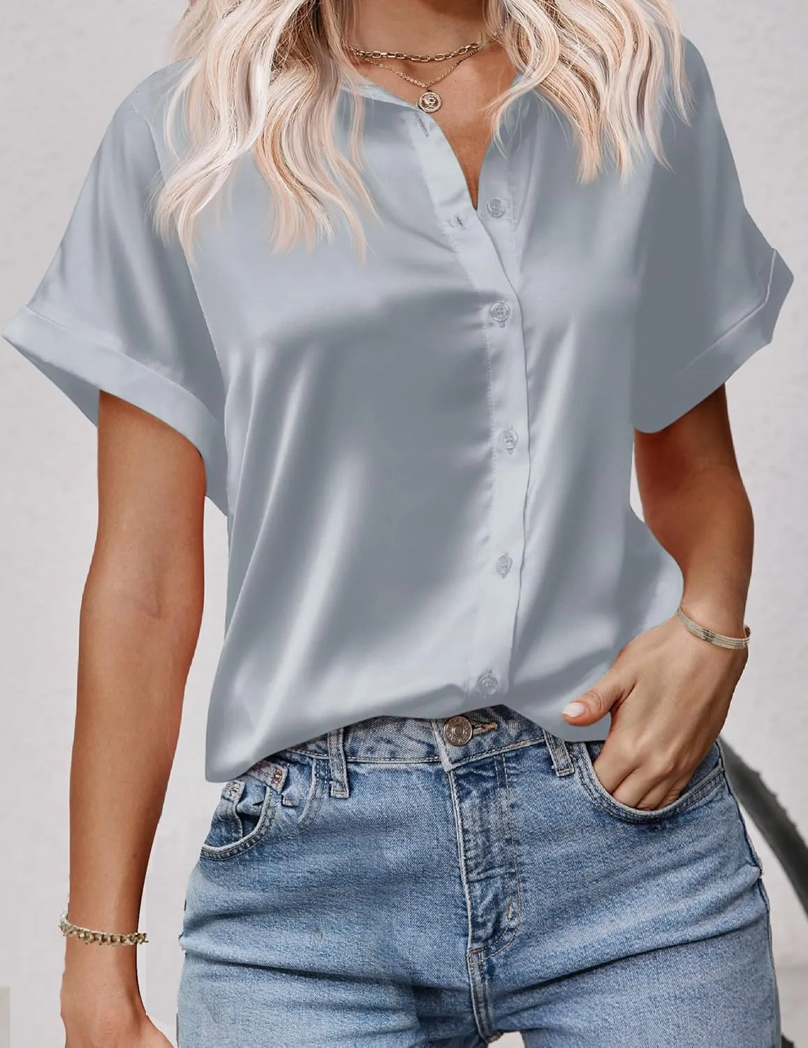 HOTOUCH Silk Button Down Shirts for Women Satin Short Sleeve V Neck Casual Work Office Blouse Tunic Tops