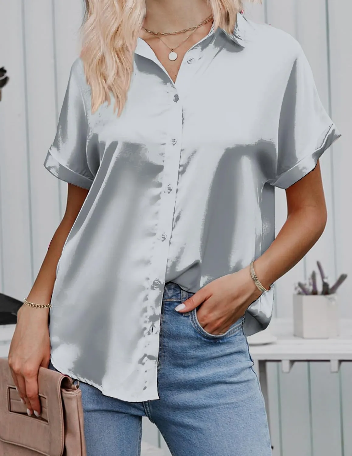 HOTOUCH Silk Button Down Shirts for Women Satin Short Sleeve V Neck Casual Work Office Blouse Tunic Tops