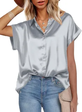 HOTOUCH Silk Button Down Shirts for Women Satin Short Sleeve V Neck Casual Work Office Blouse Tunic Tops
