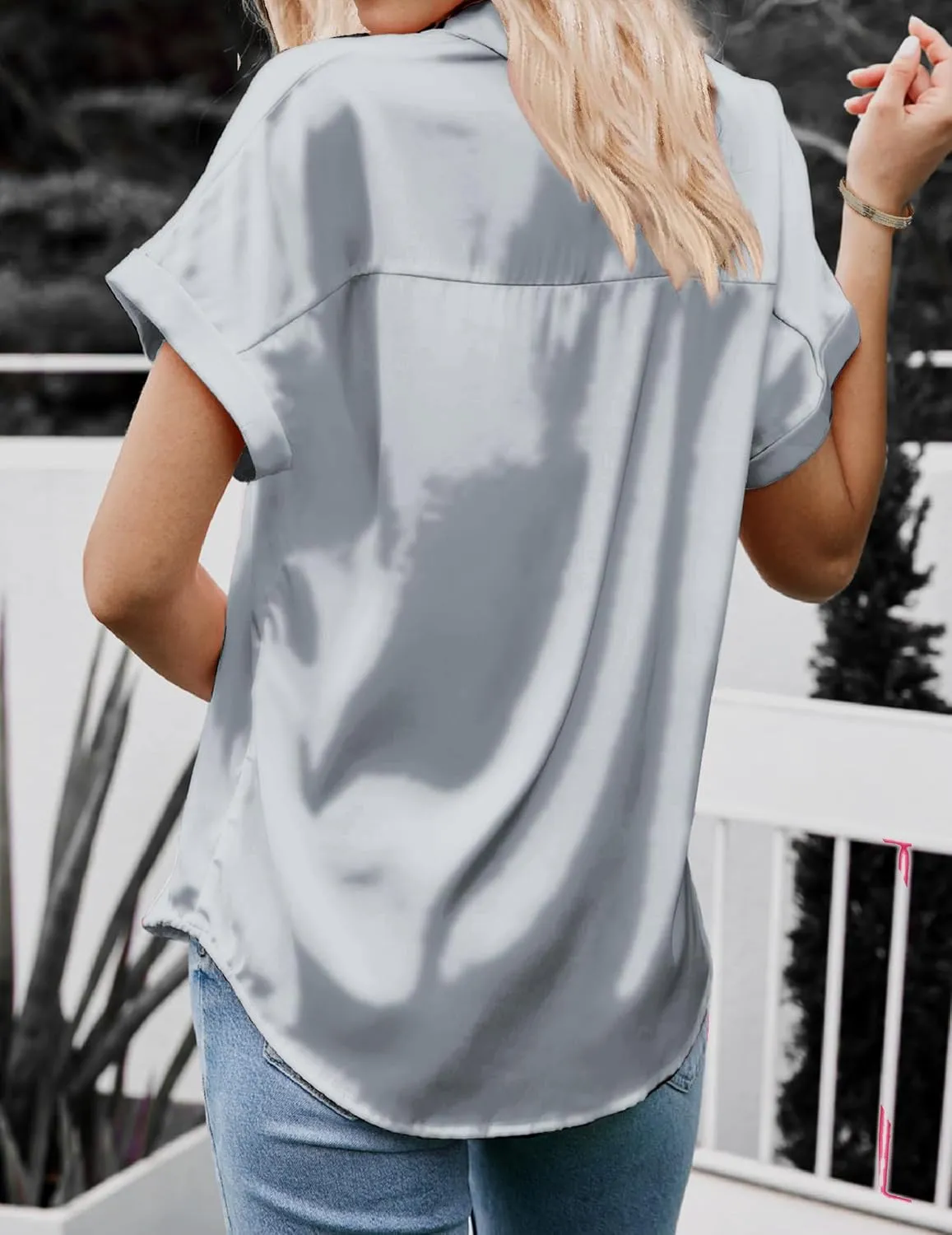 HOTOUCH Silk Button Down Shirts for Women Satin Short Sleeve V Neck Casual Work Office Blouse Tunic Tops