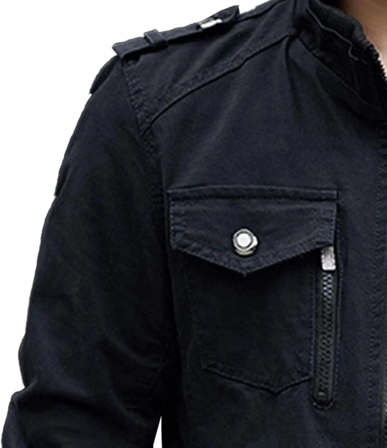 JEKE-DG Men's Stand Collar Fashion Denim Jacket Military Slim Fit Jean Jacket Full Zip Casual Multipocket Jean Coat
