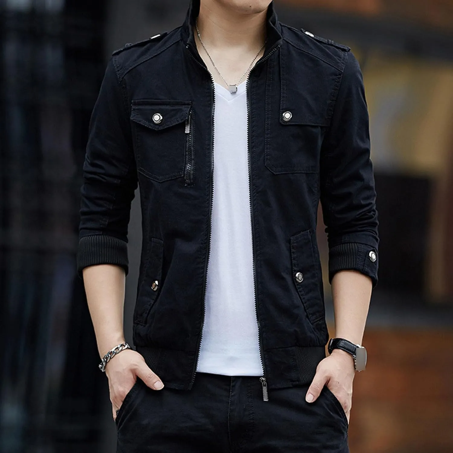 JEKE-DG Men's Stand Collar Fashion Denim Jacket Military Slim Fit Jean Jacket Full Zip Casual Multipocket Jean Coat
