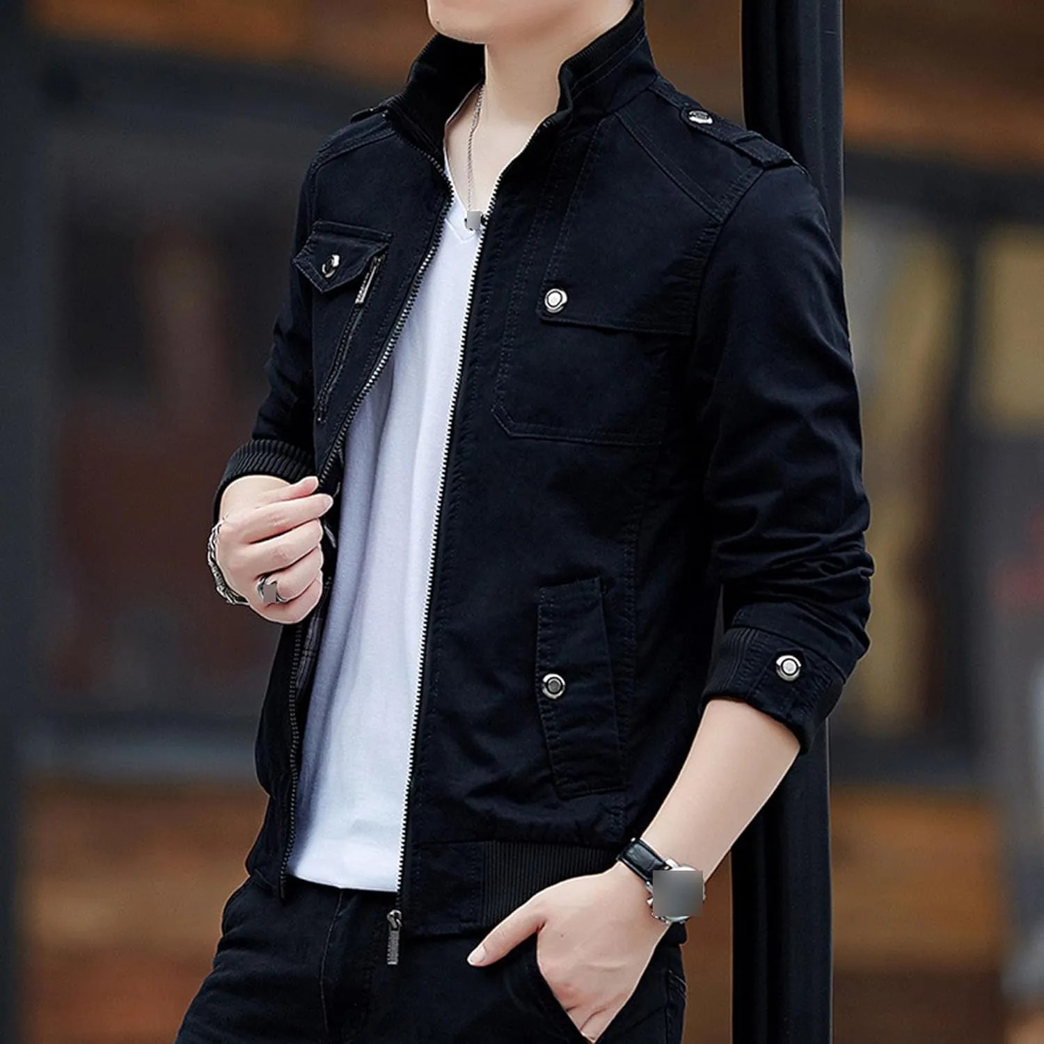 JEKE-DG Men's Stand Collar Fashion Denim Jacket Military Slim Fit Jean Jacket Full Zip Casual Multipocket Jean Coat