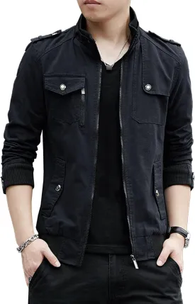 JEKE-DG Men's Stand Collar Fashion Denim Jacket Military Slim Fit Jean Jacket Full Zip Casual Multipocket Jean Coat