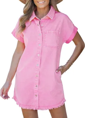 luvamia Denim Dress for Women Button Down Short Sleeves Casual Summer Jean Shirt Dresses with Pockets Frayed Hem