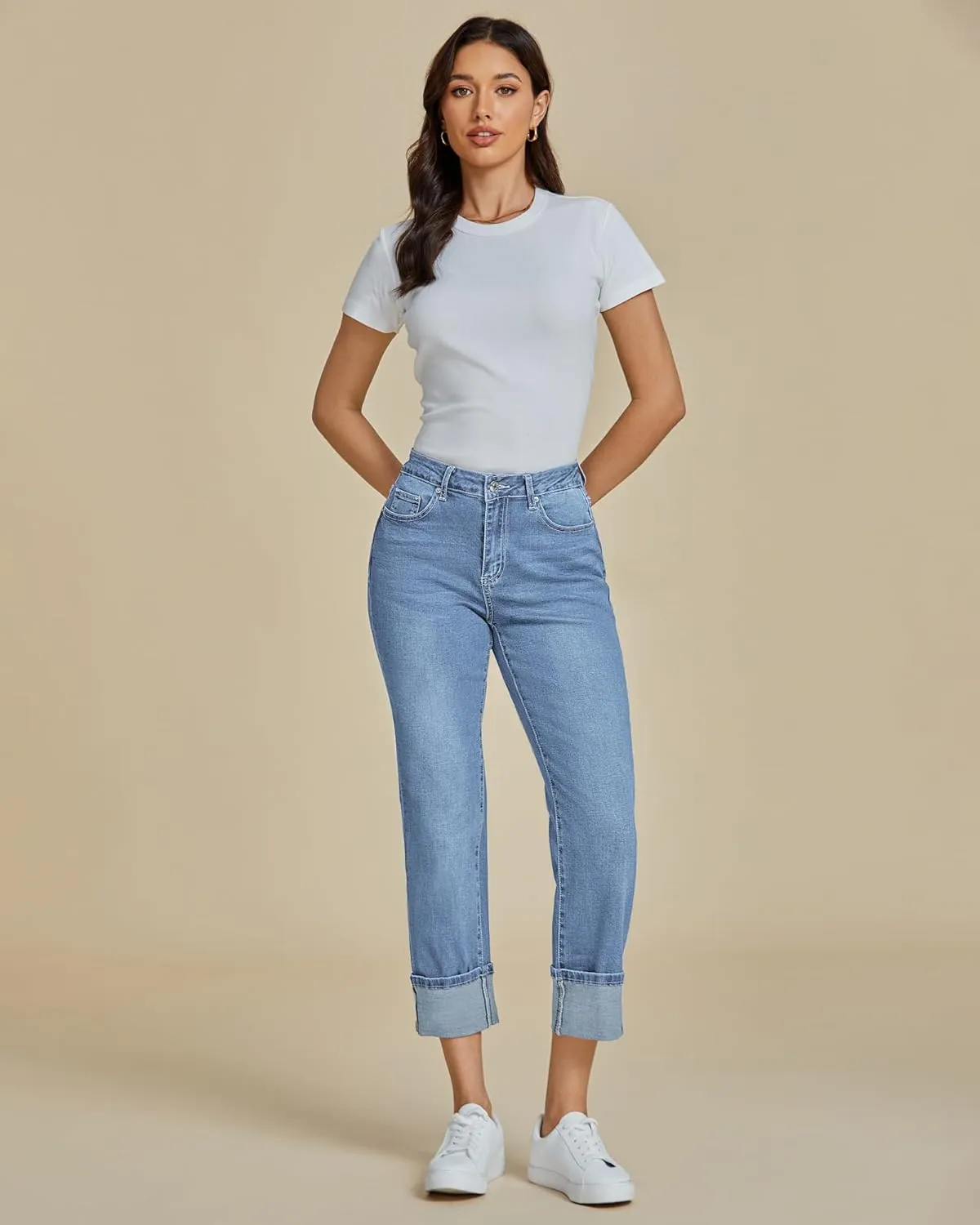 luvamia Straight Leg Jeans for Women Trendy Cropped High Waisted Cuffed Hem Stretchy Boyfriend Capri Jeans with Pockets