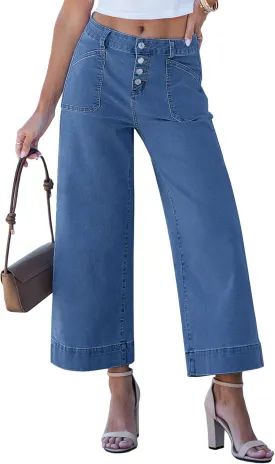 luvamia Wide Leg Jeans for Women Cropped High Waisted Trendy Button Fly Patch Pocket Stretchy Denim Pants Trousers Jeans