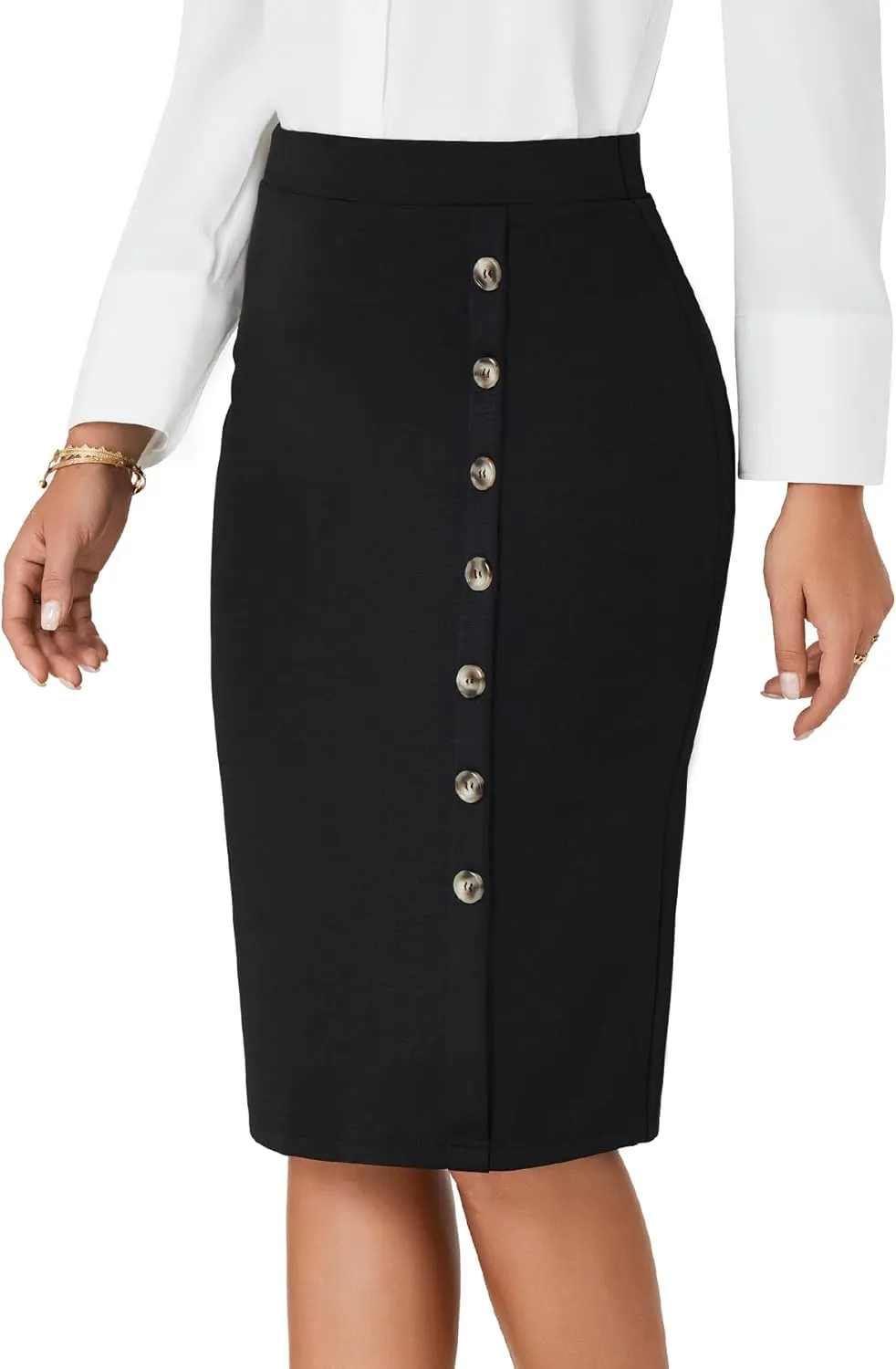 LYANER Women's Basic Stretch High Waist Pencil Bodycon Button Knee Length Straight Office Midi Skirt