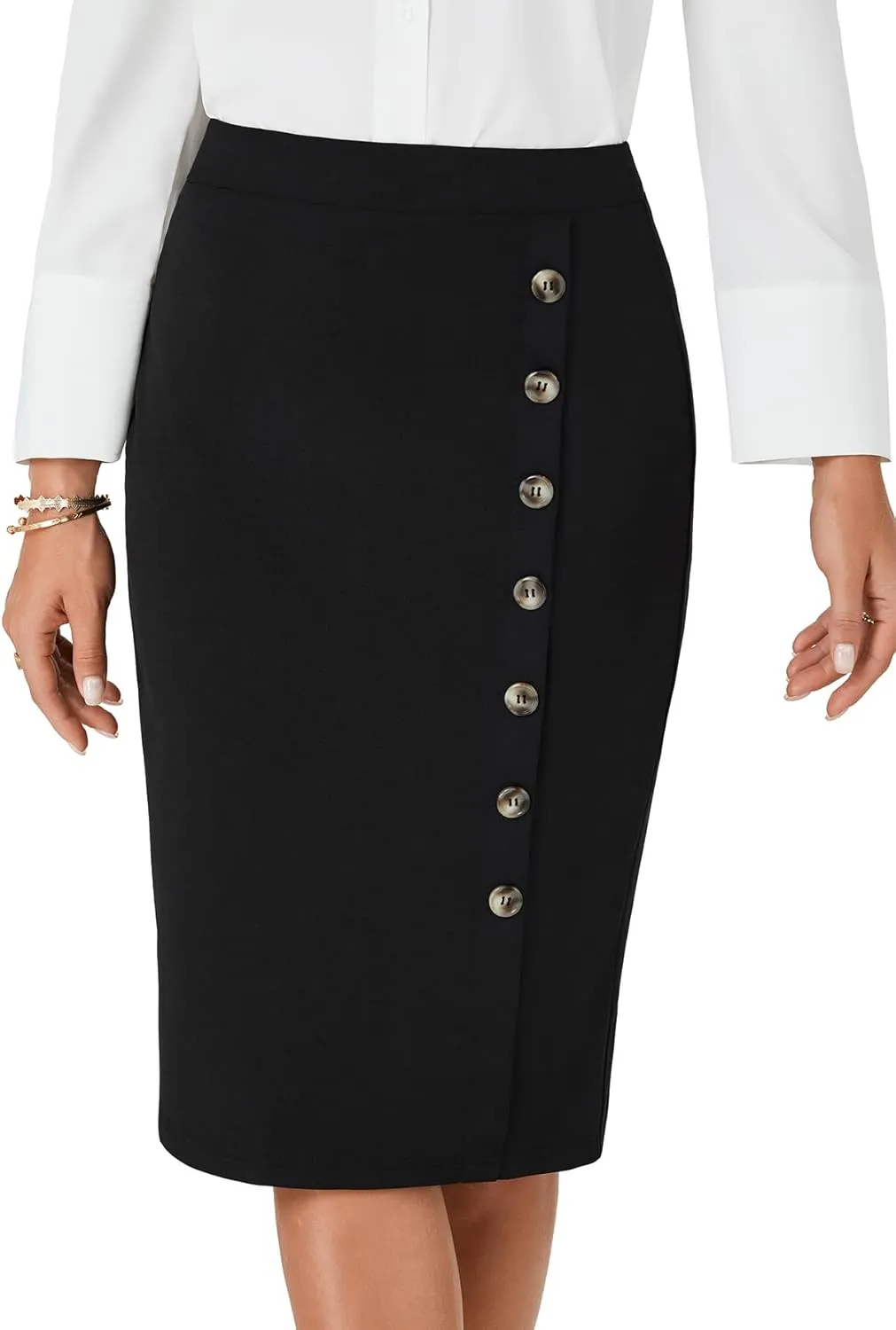 LYANER Women's Basic Stretch High Waist Pencil Bodycon Button Knee Length Straight Office Midi Skirt