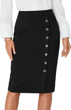 LYANER Women's Basic Stretch High Waist Pencil Bodycon Button Knee Length Straight Office Midi Skirt