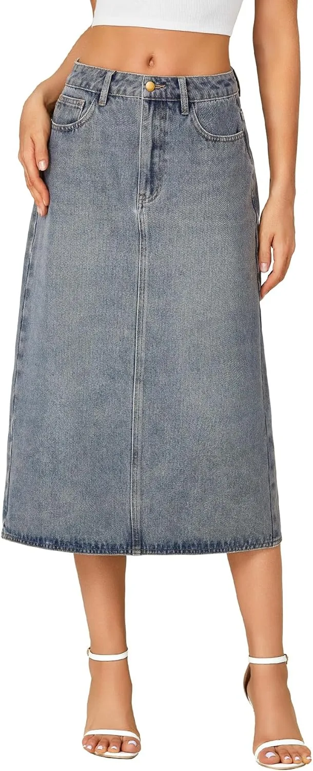 LYANER Women's Casual High Waist Jean Skirt Back Slit Midi Denim Skirt with Pockets