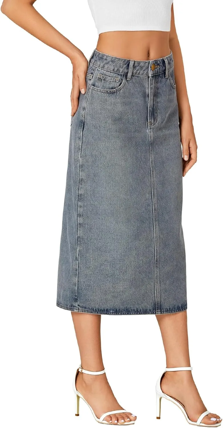 LYANER Women's Casual High Waist Jean Skirt Back Slit Midi Denim Skirt with Pockets