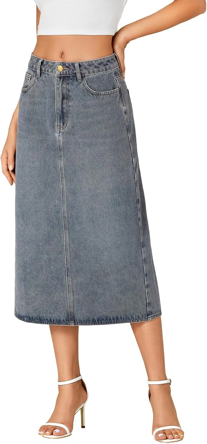 LYANER Women's Casual High Waist Jean Skirt Back Slit Midi Denim Skirt with Pockets