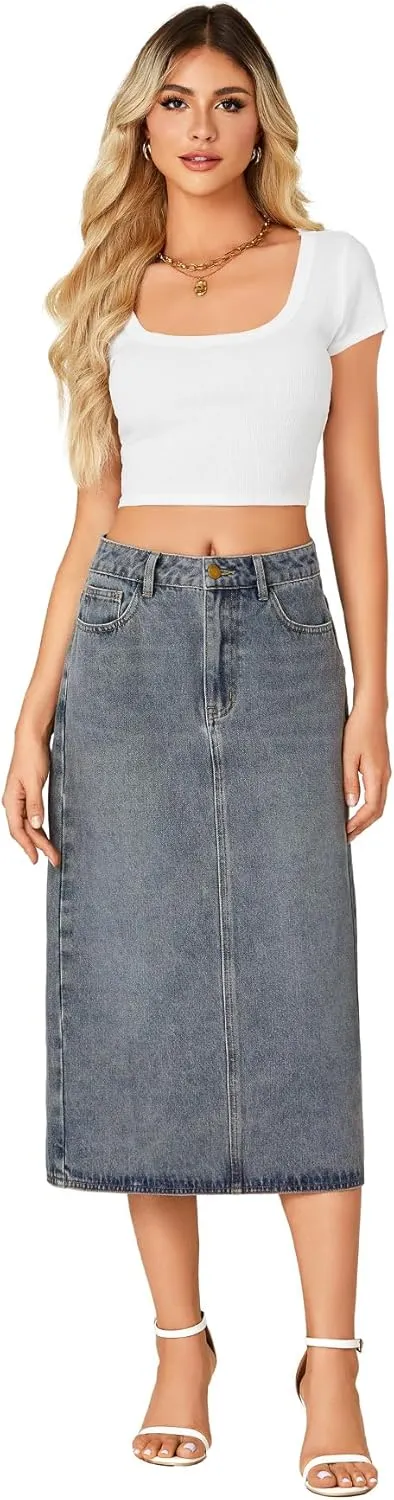 LYANER Women's Casual High Waist Jean Skirt Back Slit Midi Denim Skirt with Pockets