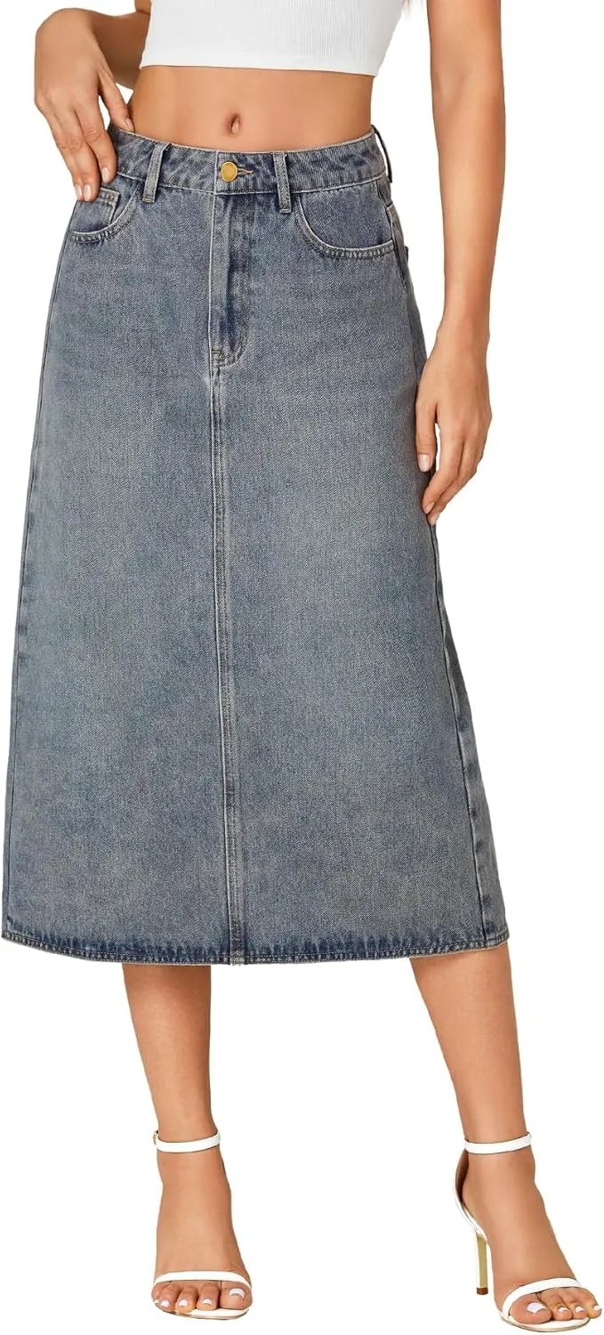 LYANER Women's Casual High Waist Jean Skirt Back Slit Midi Denim Skirt with Pockets