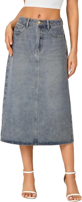 LYANER Women's Casual High Waist Jean Skirt Back Slit Midi Denim Skirt with Pockets