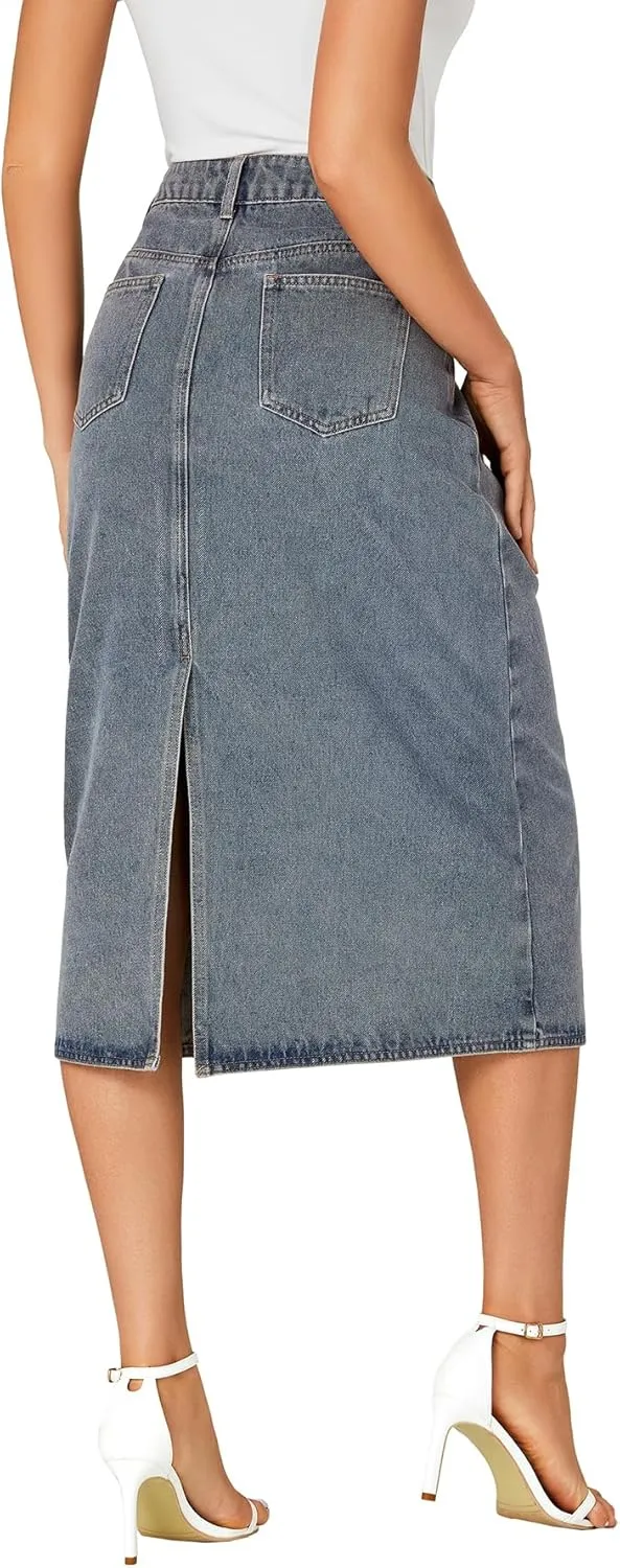 LYANER Women's Casual High Waist Jean Skirt Back Slit Midi Denim Skirt with Pockets