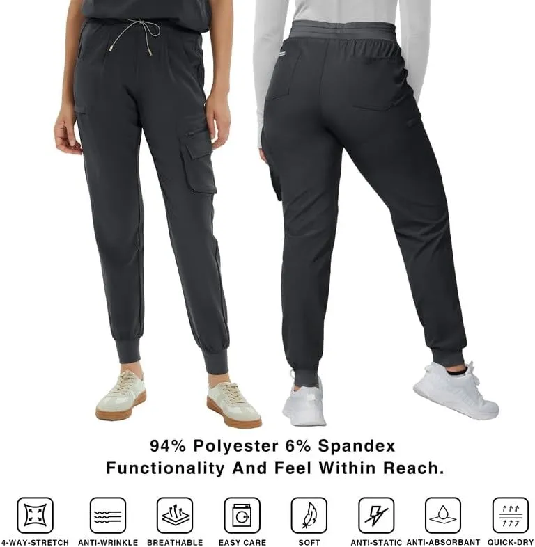 Medical Scrub Pants for Women  Mid Rise Jogger Pants with Yoga Waistband, 4-Way Stretch, Anti-Wrinkle & 8 Pockets