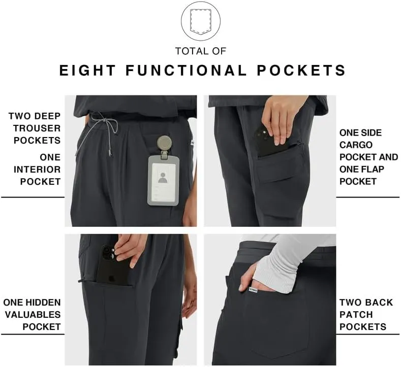 Medical Scrub Pants for Women  Mid Rise Jogger Pants with Yoga Waistband, 4-Way Stretch, Anti-Wrinkle & 8 Pockets