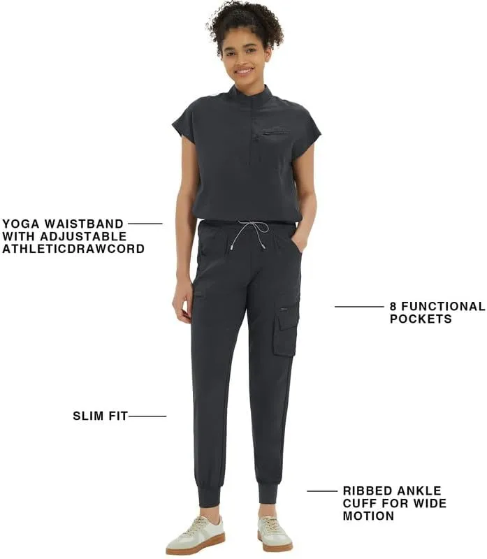 Medical Scrub Pants for Women  Mid Rise Jogger Pants with Yoga Waistband, 4-Way Stretch, Anti-Wrinkle & 8 Pockets