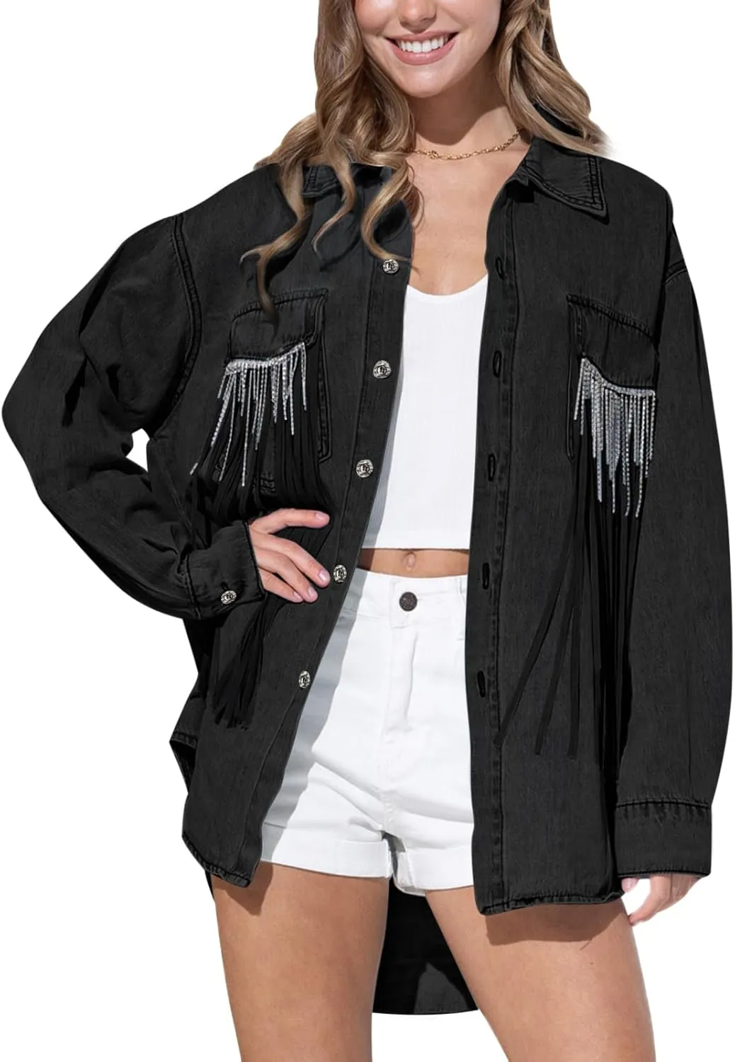 Paintcolors Women's Button Down Denim Shirt Oversized Long Sleeve Casual Frayed Pocket Work Blouses Chambray Tops Jacket