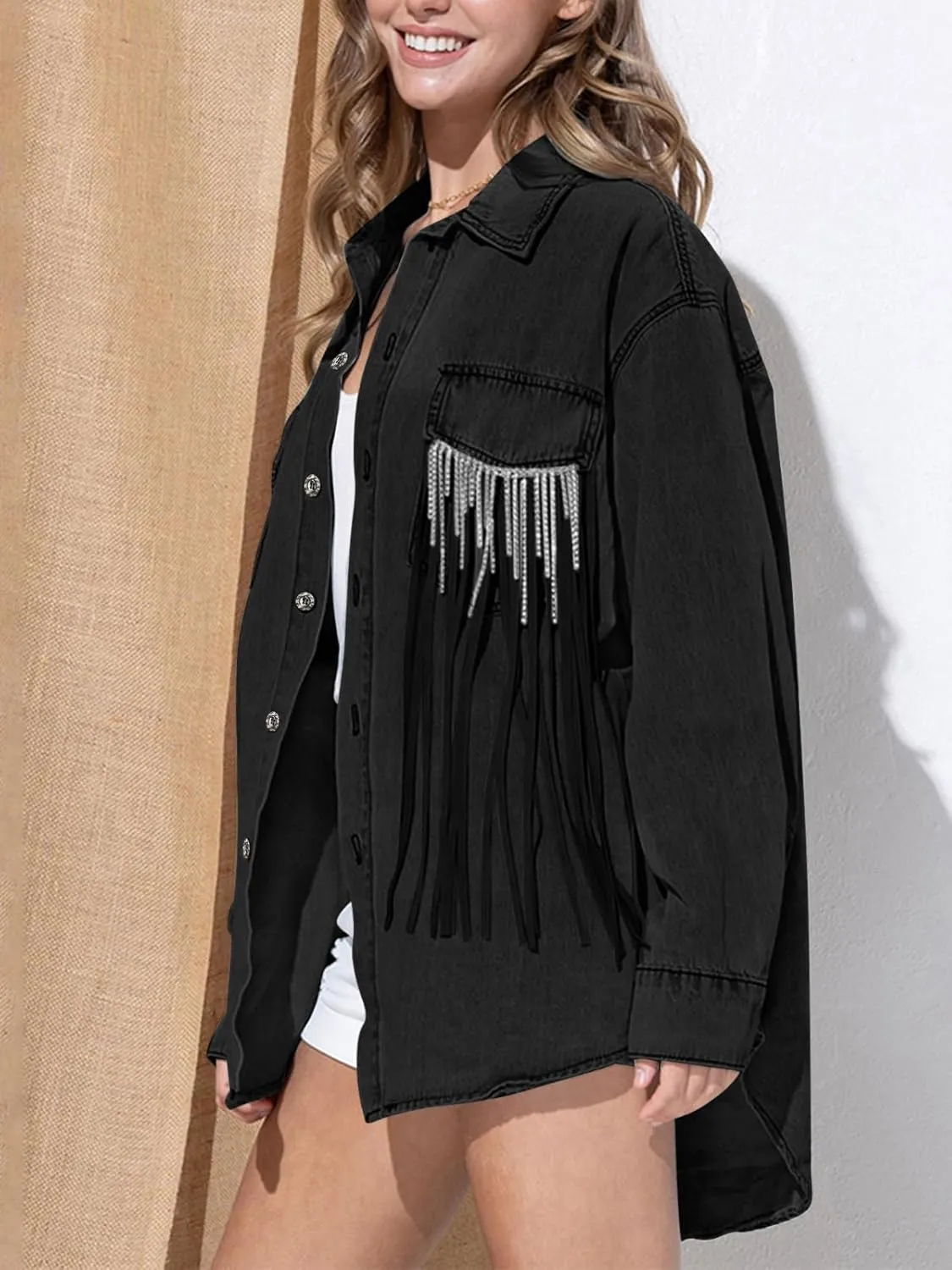 Paintcolors Women's Button Down Denim Shirt Oversized Long Sleeve Casual Frayed Pocket Work Blouses Chambray Tops Jacket