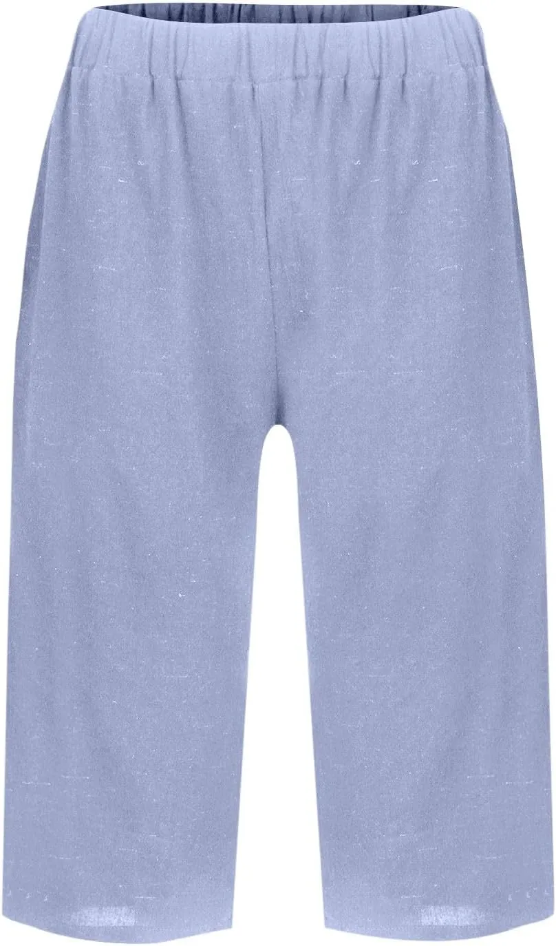 Pedal Pushers for Women Elastic Wasit Linen Shorts Summer Boho Lightweight Baggy Cropped Capris Pants with Pockets