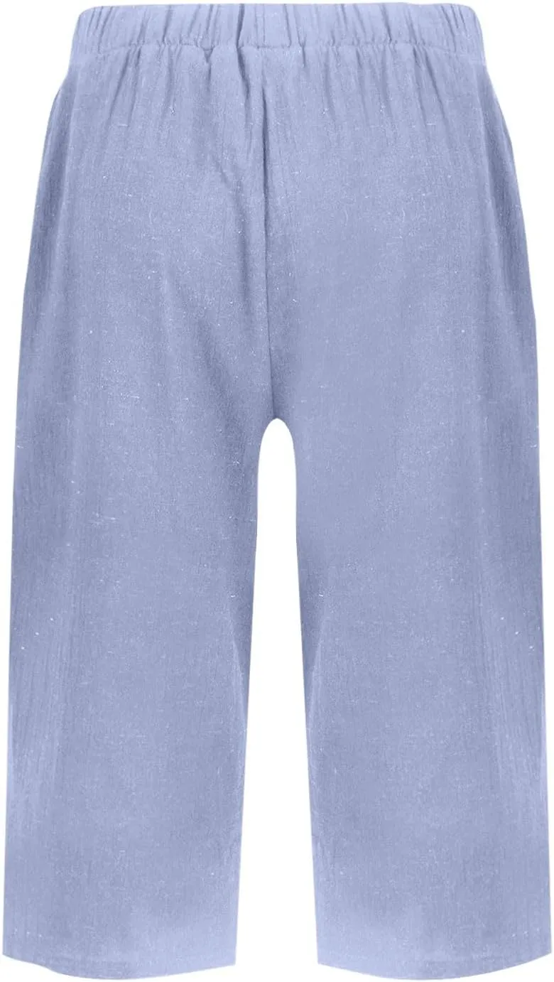 Pedal Pushers for Women Elastic Wasit Linen Shorts Summer Boho Lightweight Baggy Cropped Capris Pants with Pockets