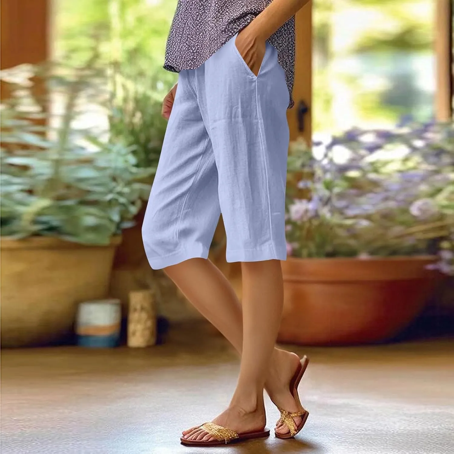Pedal Pushers for Women Elastic Wasit Linen Shorts Summer Boho Lightweight Baggy Cropped Capris Pants with Pockets