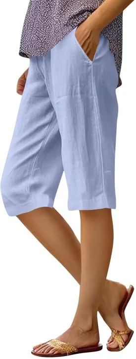 Pedal Pushers for Women Elastic Wasit Linen Shorts Summer Boho Lightweight Baggy Cropped Capris Pants with Pockets