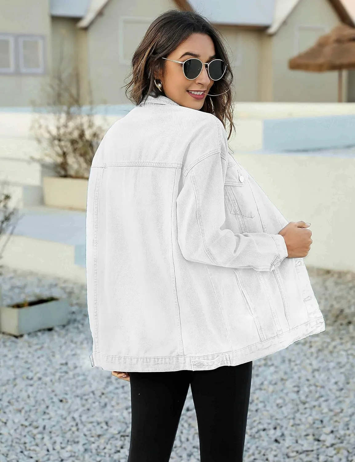 PUWEI Women's Oversized Denim Jacket Distressed Lapel Button Up Long Sleeve Jean Jacket with Pockets