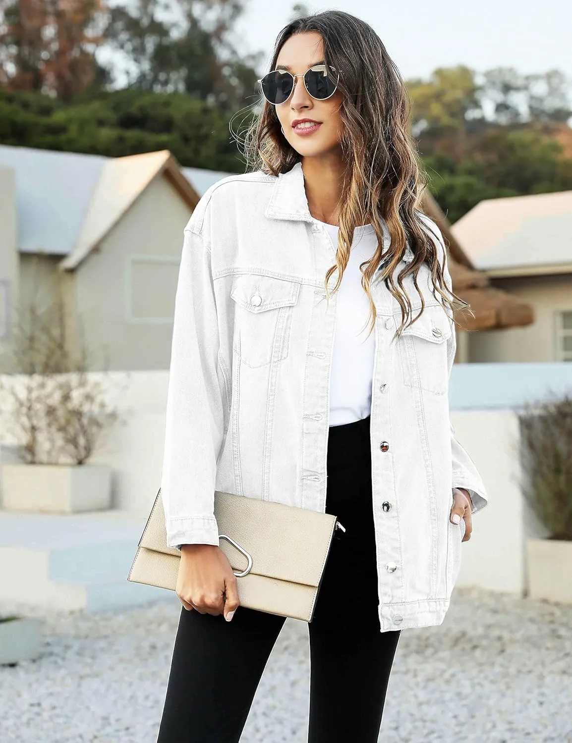 PUWEI Women's Oversized Denim Jacket Distressed Lapel Button Up Long Sleeve Jean Jacket with Pockets