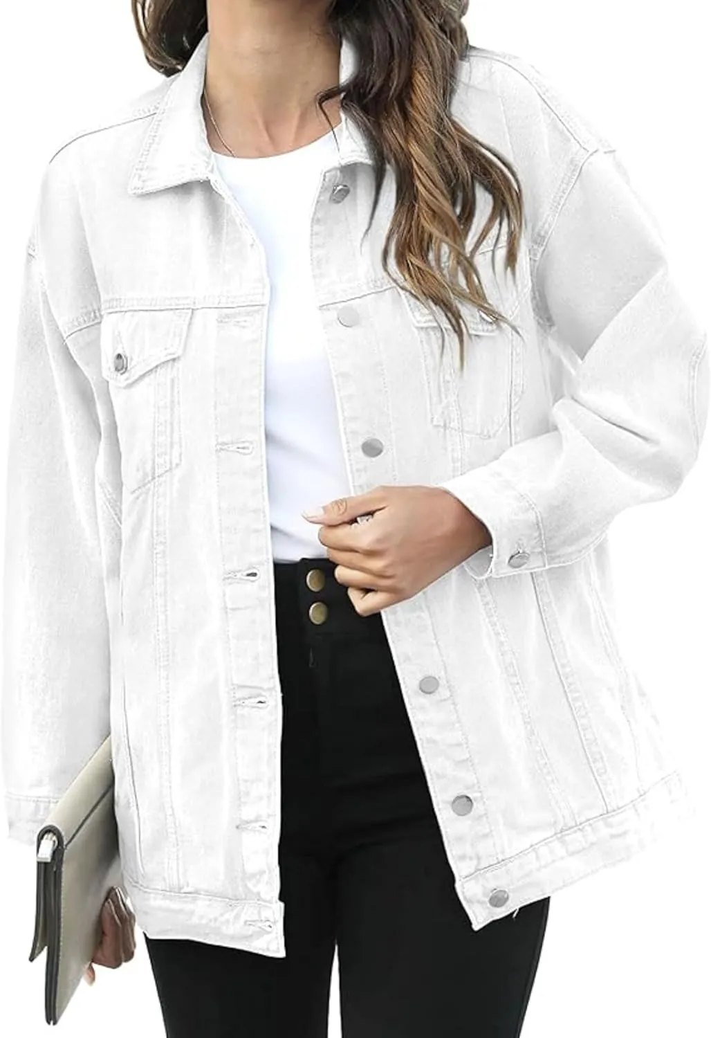 PUWEI Women's Oversized Denim Jacket Distressed Lapel Button Up Long Sleeve Jean Jacket with Pockets