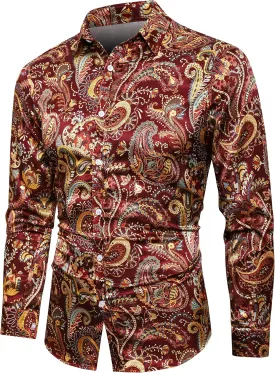 QZH.DUAO Mens 70s Disco Linen Shirts Casual Paisley Tops Floral Vintage Long Sleeve Shirt
