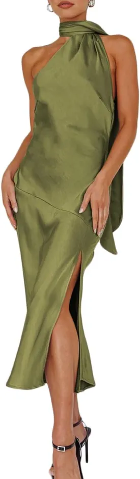 Sexy Satin Backless Halter Wedding Guest Dresses for Women Sleeveless Elegant Cowl Back Slit Midi Cocktail Dress Evening Gown