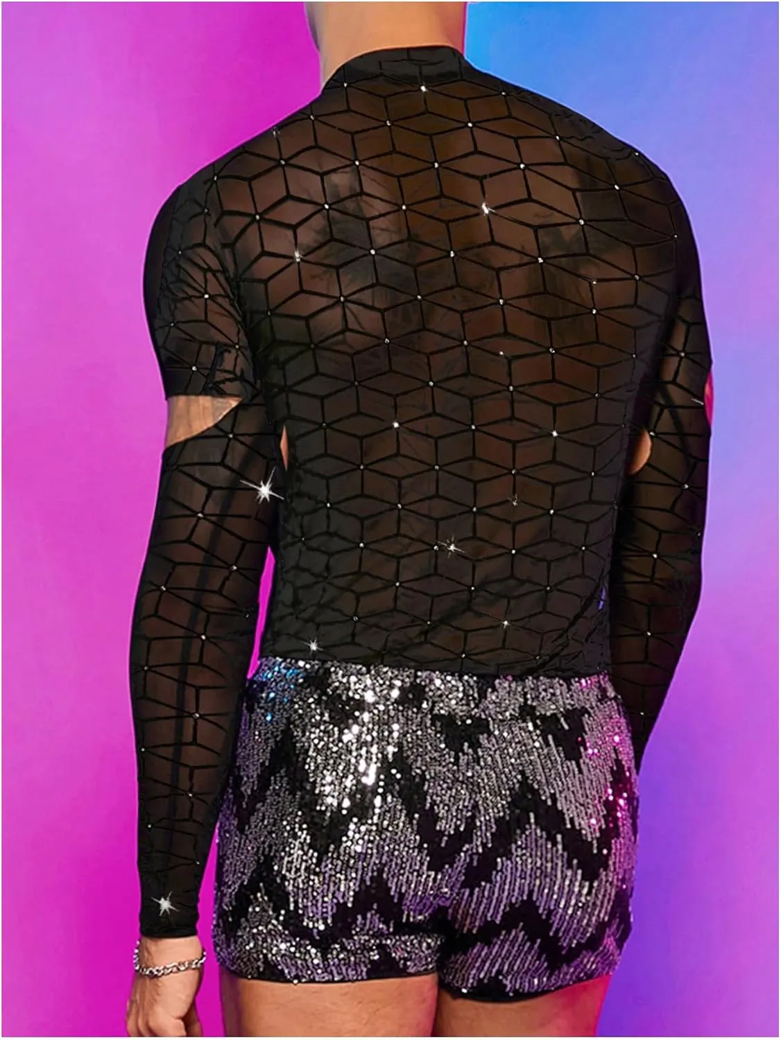 SHENHE Men's Cut Out Sheer Mesh Crewneck Long Sleeve Fitted Crop Tee Shirt Party Top