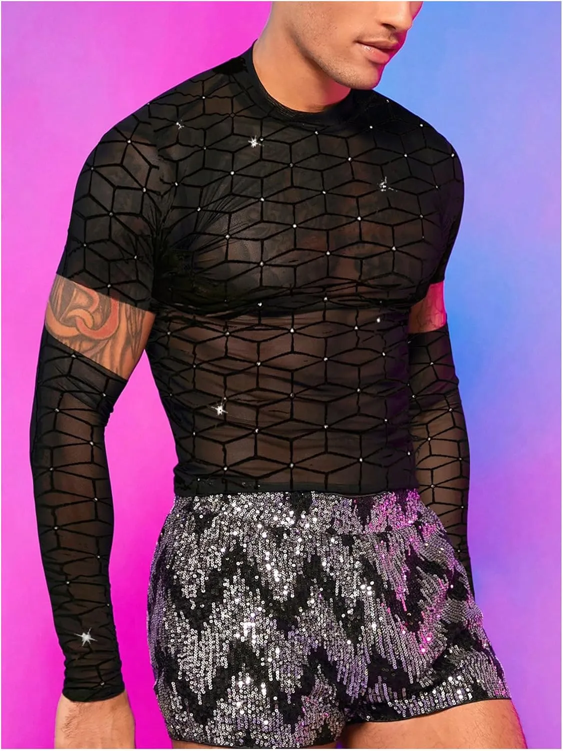 SHENHE Men's Cut Out Sheer Mesh Crewneck Long Sleeve Fitted Crop Tee Shirt Party Top