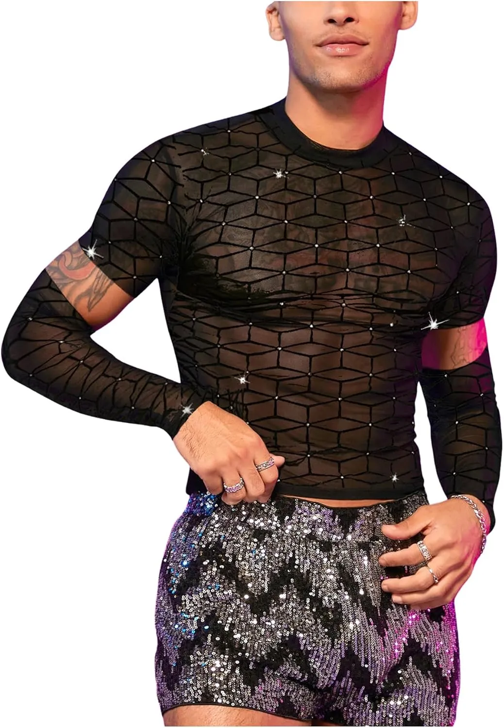 SHENHE Men's Cut Out Sheer Mesh Crewneck Long Sleeve Fitted Crop Tee Shirt Party Top