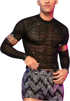 SHENHE Men's Cut Out Sheer Mesh Crewneck Long Sleeve Fitted Crop Tee Shirt Party Top