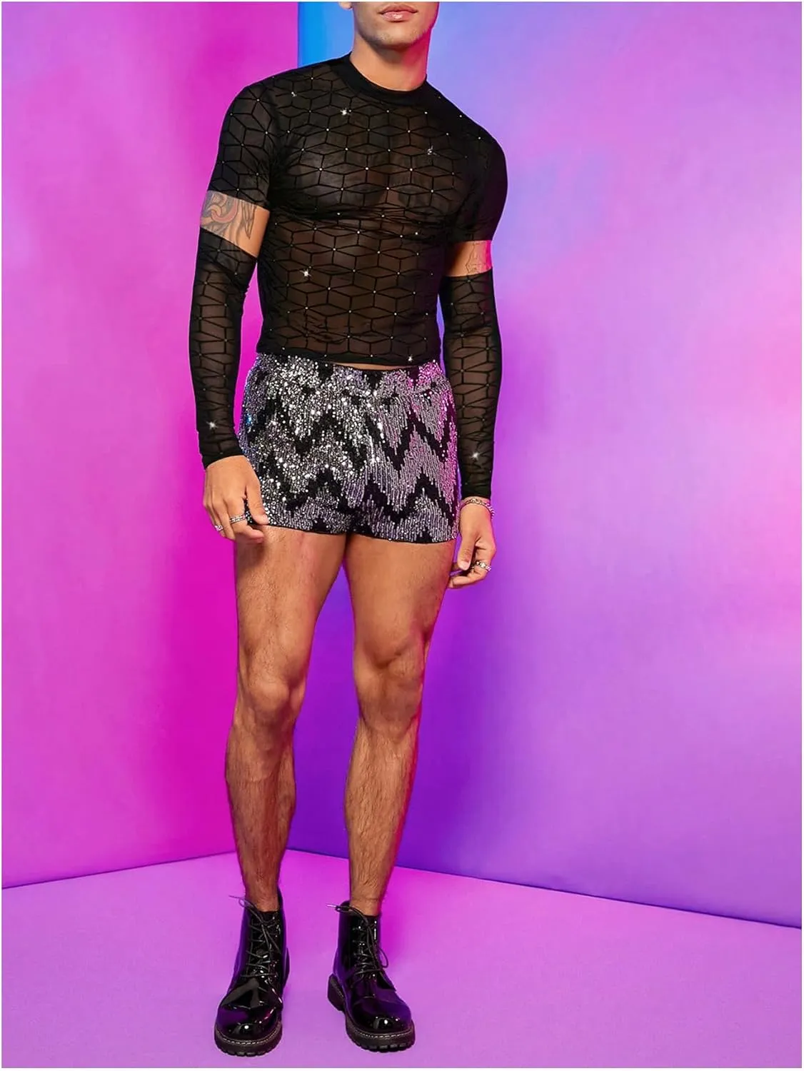 SHENHE Men's Cut Out Sheer Mesh Crewneck Long Sleeve Fitted Crop Tee Shirt Party Top
