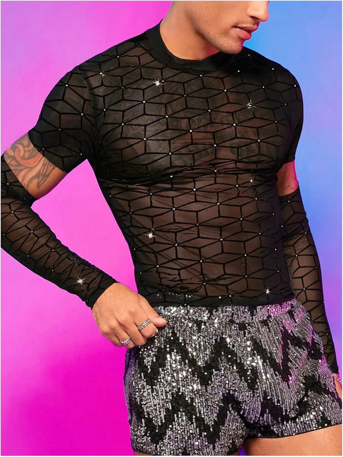SHENHE Men's Cut Out Sheer Mesh Crewneck Long Sleeve Fitted Crop Tee Shirt Party Top