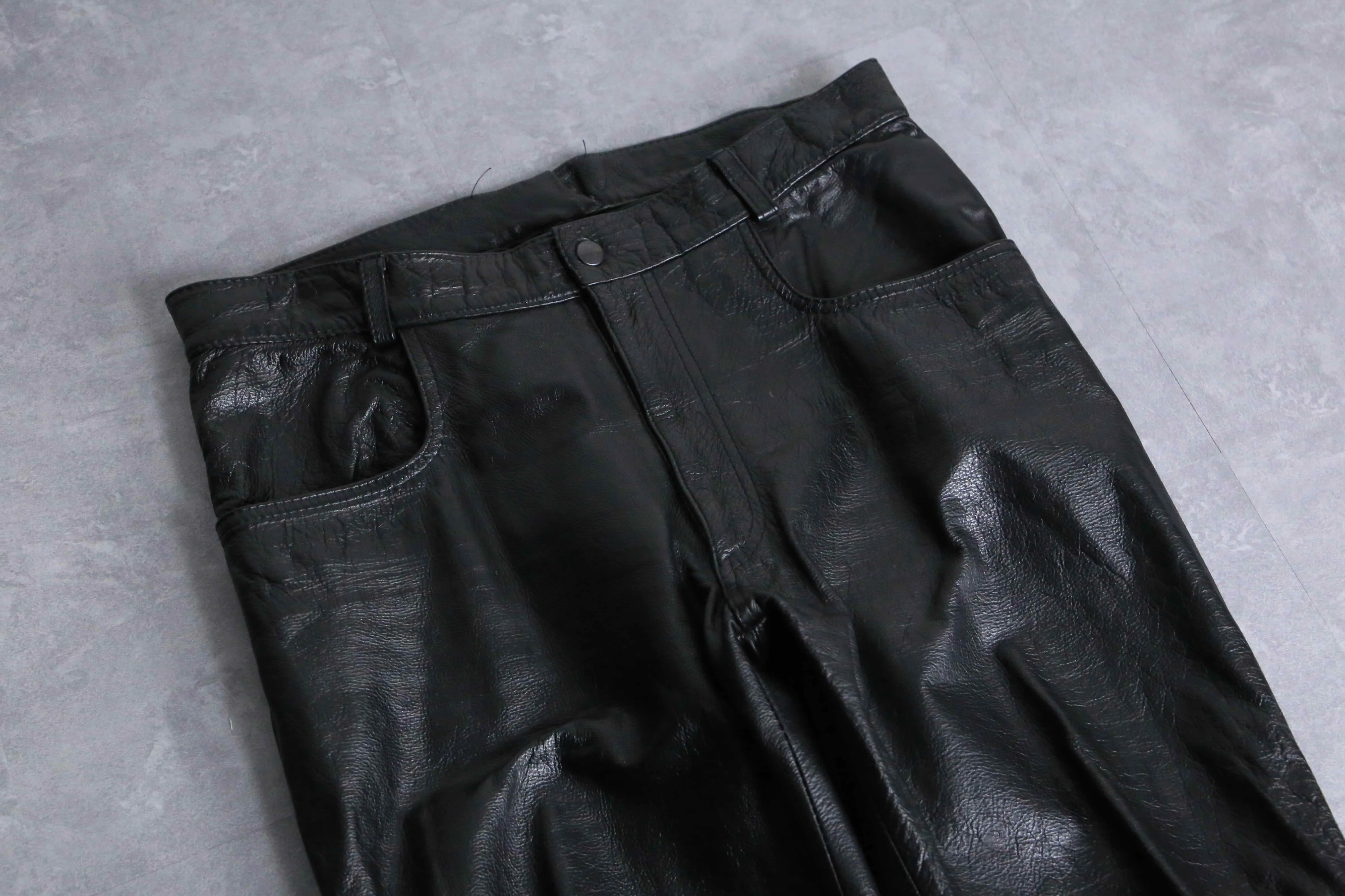 shiny black real leather pants