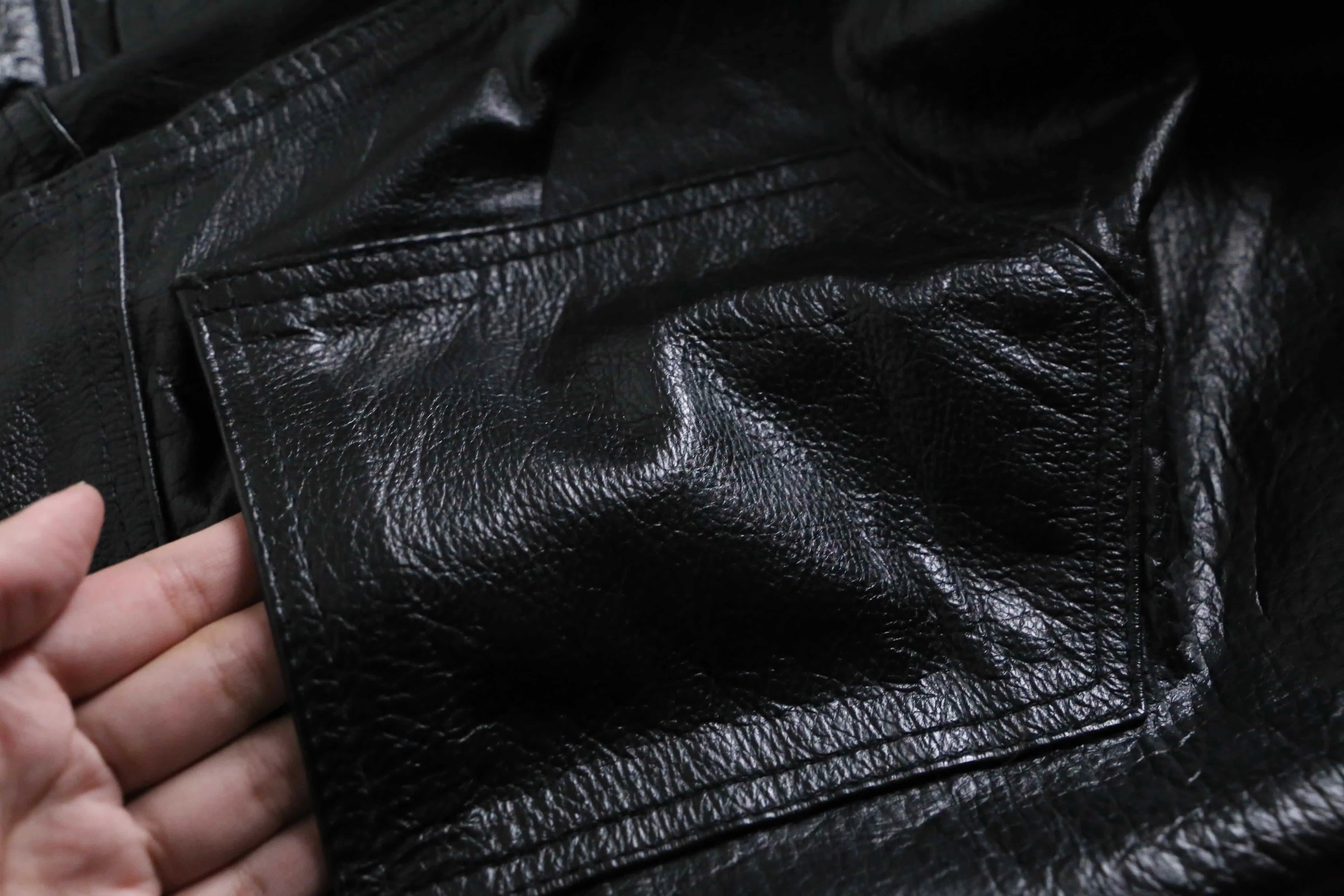shiny black real leather pants