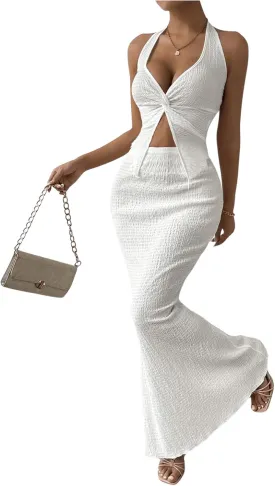 SOLY HUX Women's Two Piece Outfits Twist Front Halter Cami Tops and Skirt Summer Set