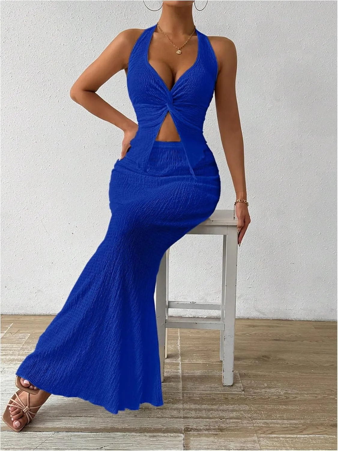 SOLY HUX Women's Two Piece Outfits Twist Front Halter Cami Tops and Skirt Summer Set