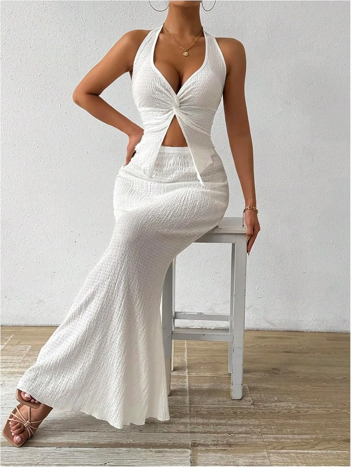 SOLY HUX Women's Two Piece Outfits Twist Front Halter Cami Tops and Skirt Summer Set
