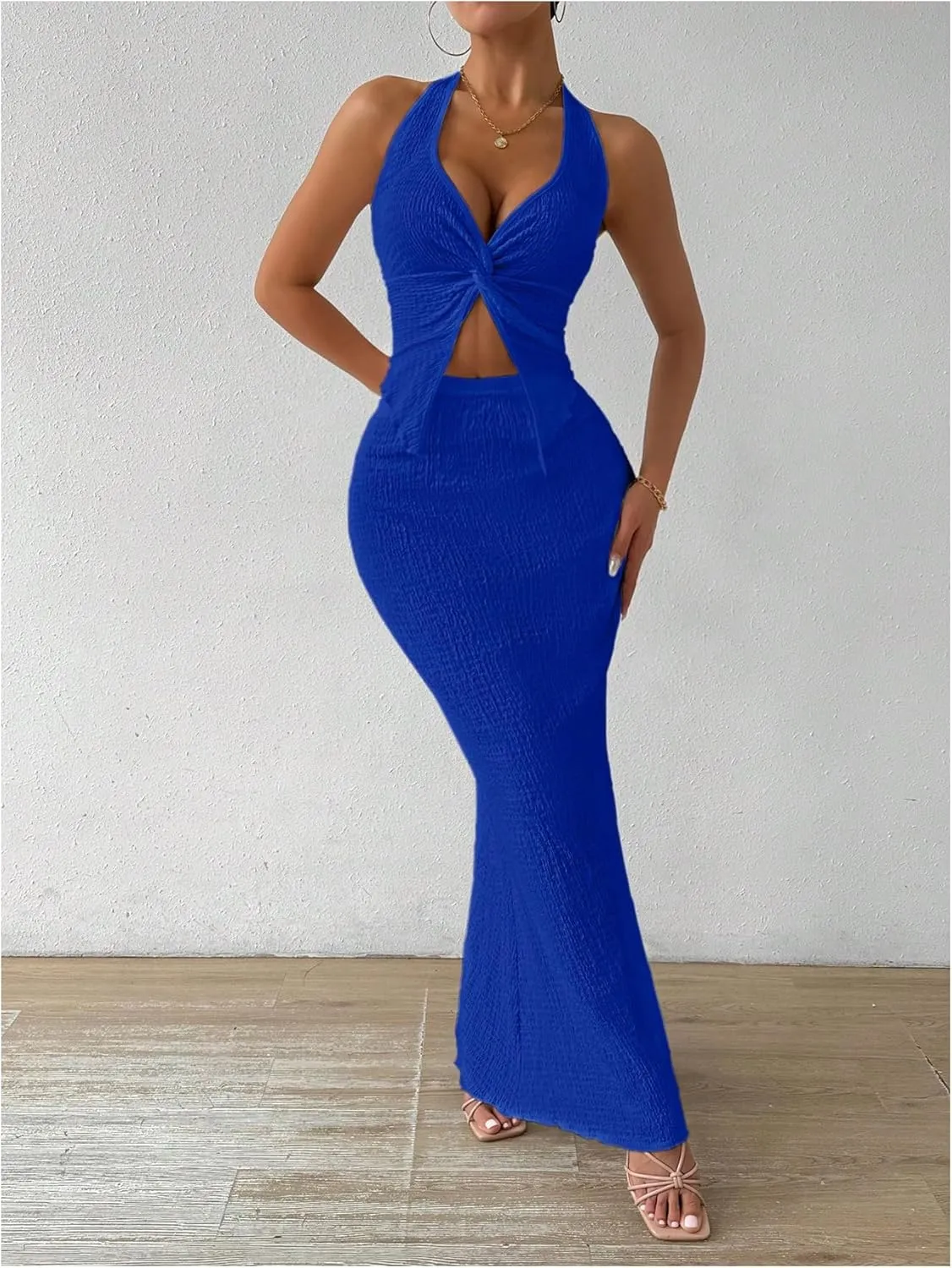 SOLY HUX Women's Two Piece Outfits Twist Front Halter Cami Tops and Skirt Summer Set